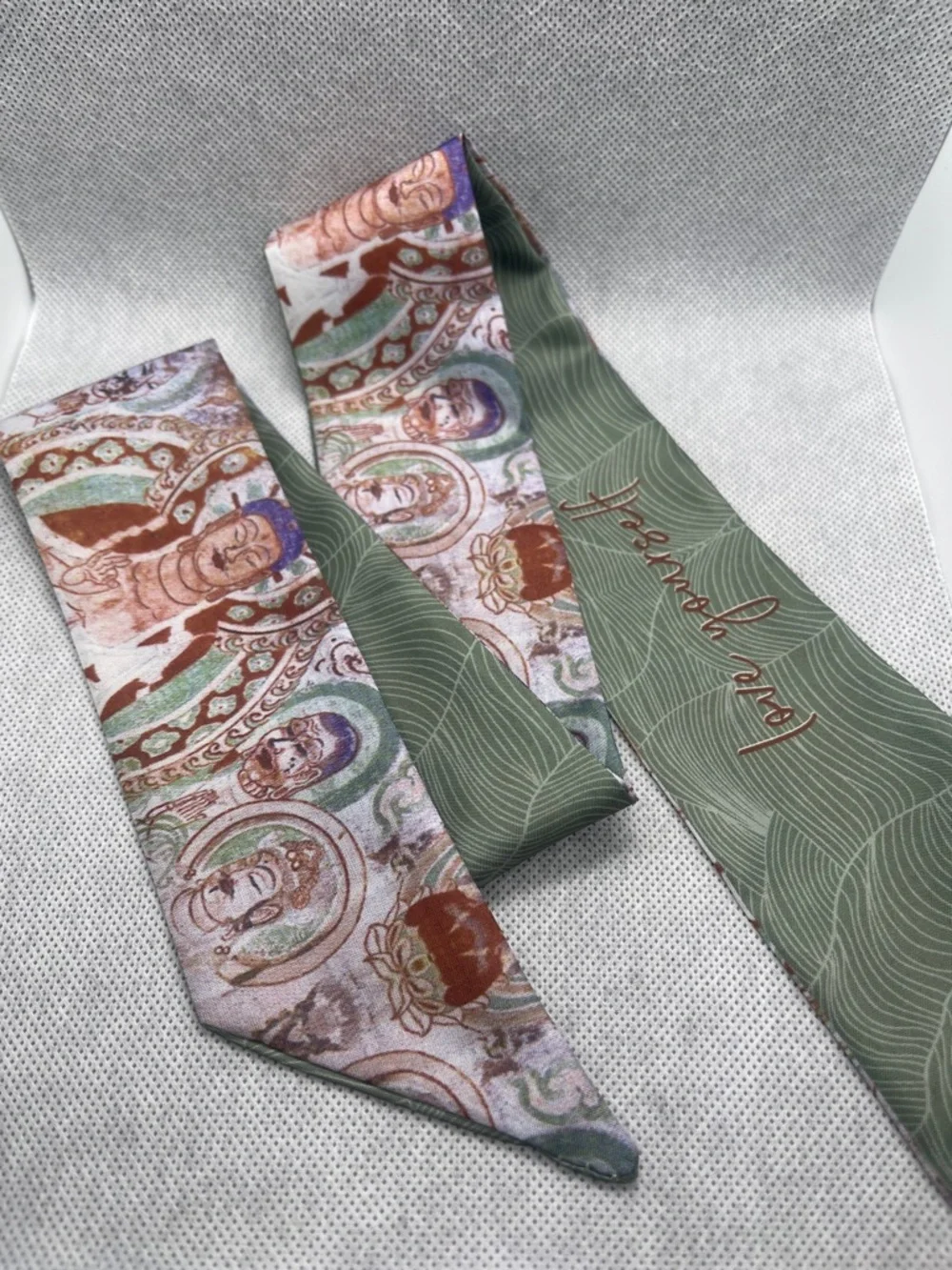 Silk Scarf Ribbon with Botanical Green & Multi Artwork